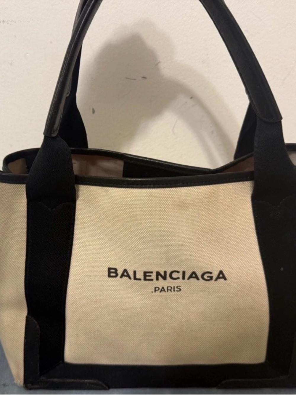 BALENCIAGA Tote Bag Canvas Leather Beige Black Auth bs8120